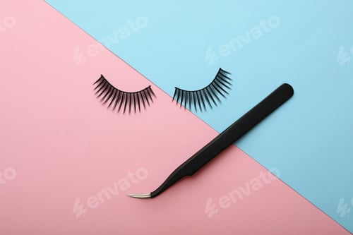 Preview: Artificial eyelashes and tweezers on color background, top view