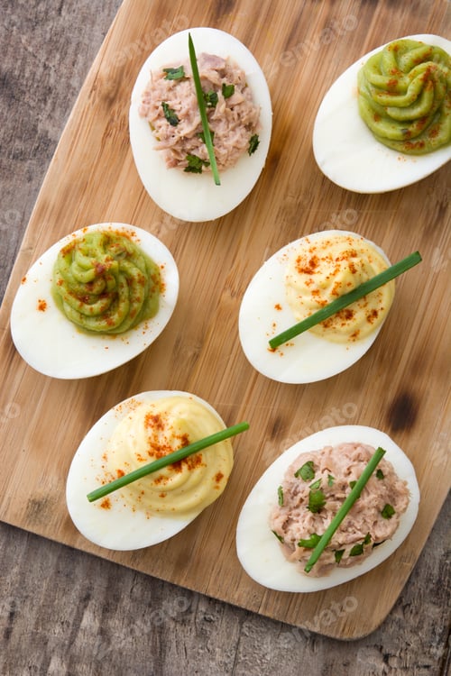 Preview: Gourmet deviled eggs with varied toppings display