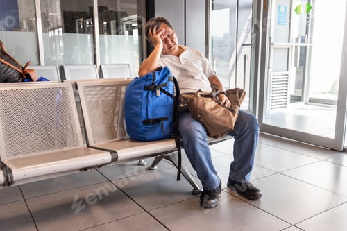 Preview: Tired Asian man sleeping on airport departure waiting area chairs while waiting for flight