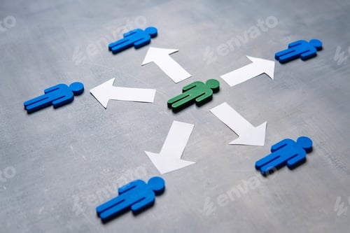 Preview: A green figure at the center surrounded by blue figures with arrows.