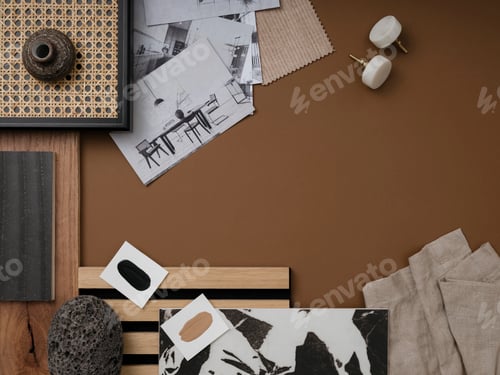 Preview: Modern flat lay composition in brown and beige color palette with textile and paint samples