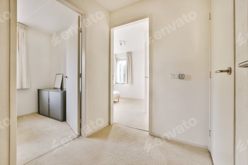 Preview: Doorway of modern apartment with white walls and parquet floor