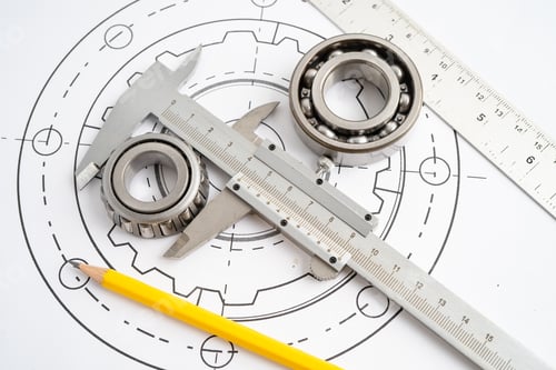 Preview: Engineering tools and mechanical industrial with vernier caliper and metal ball bering.