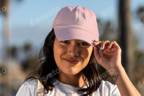 Preview: Latina woman wearing cap, greeting by tipping her pink hat