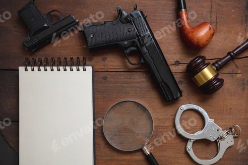 Preview: Handgun, handcuffs and a blank notepad on wooden background,