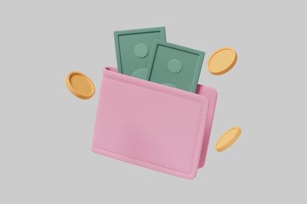 Preview: Pink wallet with green bills and gold coins
