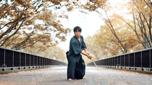 Preview: Martial arts, Japanese man and wood sword outdoor with fight, battle and samurai training on road.