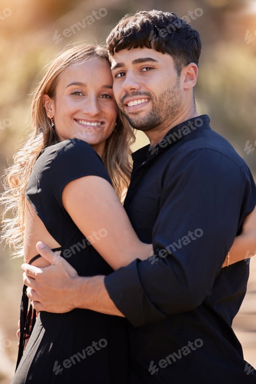 Preview: Portrait, love and couple hug, smile and celebration for partnership, marriage and relationship. Fa