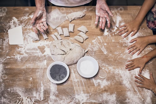 Preview: Hands kneading dough. People making dough for bread during bread making workshop. Flour and dough