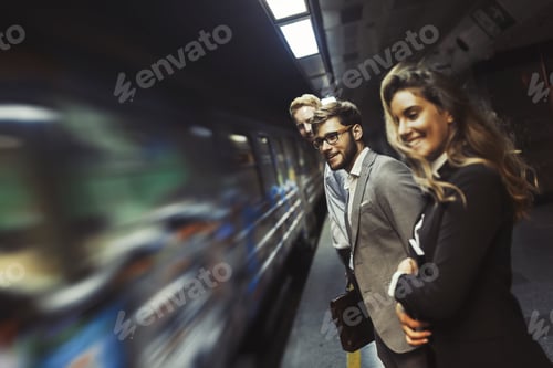 Preview: Business people waiting for subway and smiling