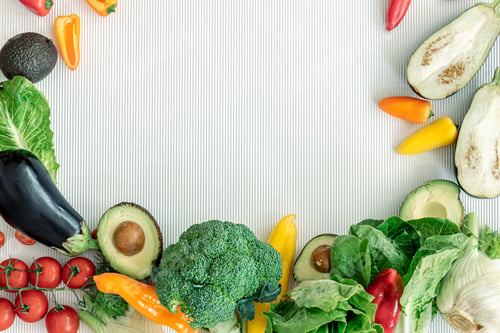 Preview: Organic fresh vegetables on white background, flat lay.