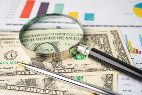 Preview: Magnifying glass on charts graphs paper. Financial development, Banking Account, Statistics,