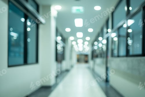 Preview: A hallway with a few lights on and a door in the background