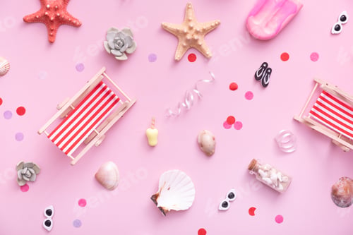 Preview: Accessories for beach holidays - deck chairs, umbrellas, ice cream top view. Beach party concept