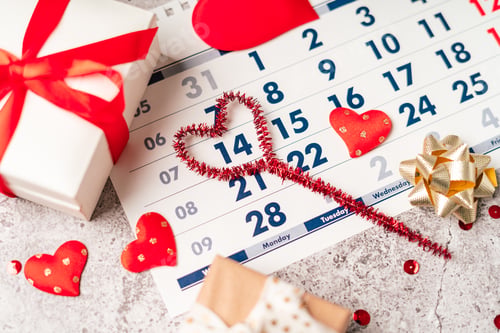 Preview: Calendar for valentine day. Flat lay, top view. 14 February.