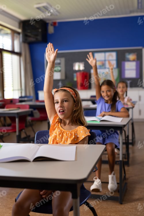 Preview: Diverse elementary schoolchildren raising hands at desks in class