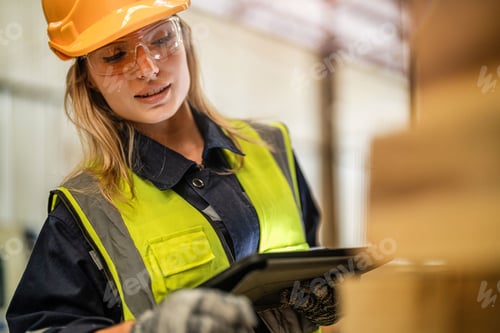 Preview: woman worker carpenter wearing safety uniform and hard hat working