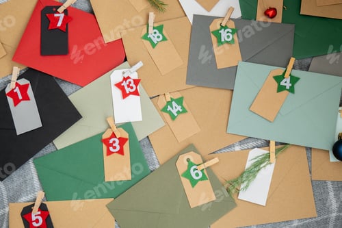 Preview: Traditional twenty four days advent calendar before Christmas holidays. Numbers on envelopes Plastic