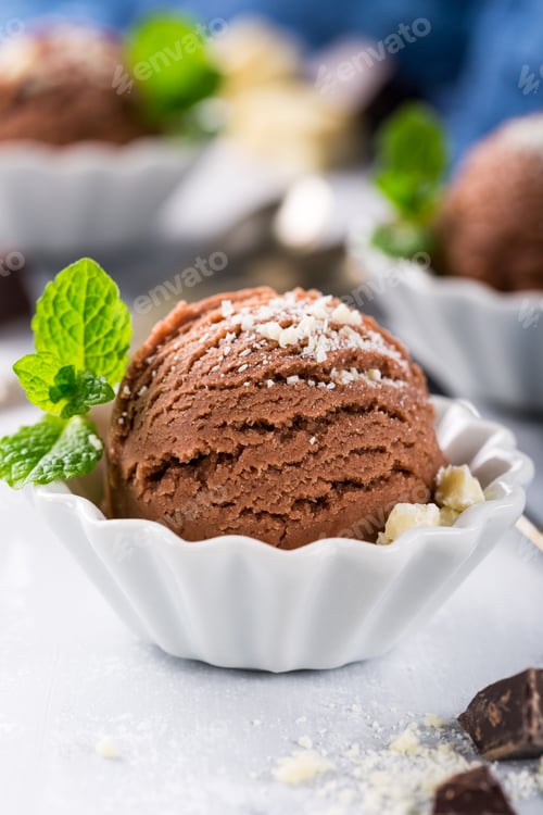 Preview: Chocolate ice cream in white bowl.