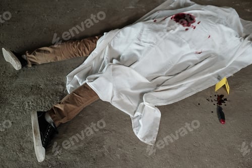 Preview: Above shot of dead body of young man in beige pants and black gumshoes