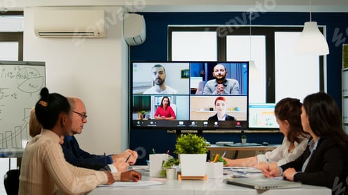 Preview: Team working by group video call share ideas brainstorming negotiating use video conference
