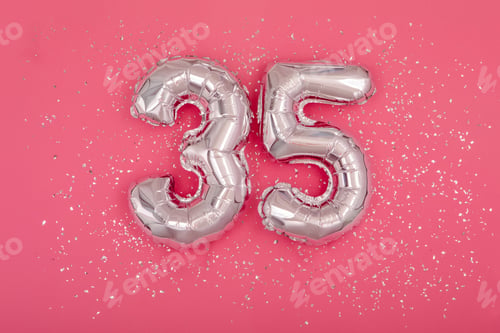 Preview: Silver balloon shape of number thirty five 35 pink background