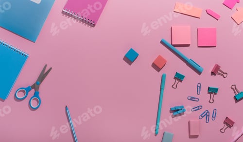 Preview: Office supplies set on pink background with copy space