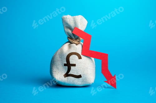 Preview: British pound sterling money bag and red arrow down.
