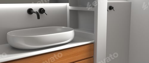 Preview: Bathroom interior modern minimal design. Round white basin on a table and taps. 3d illustration