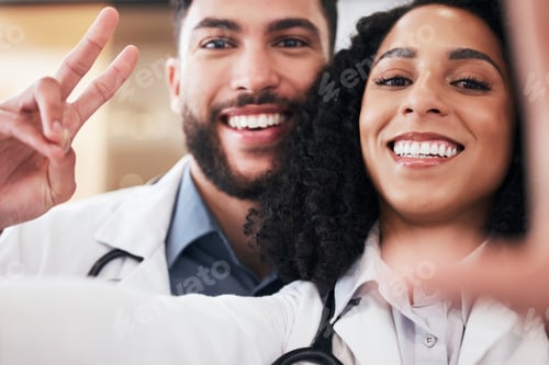Preview: Pharmacy, peace sign and selfie portrait of pharmacists for social media, profile picture and clini