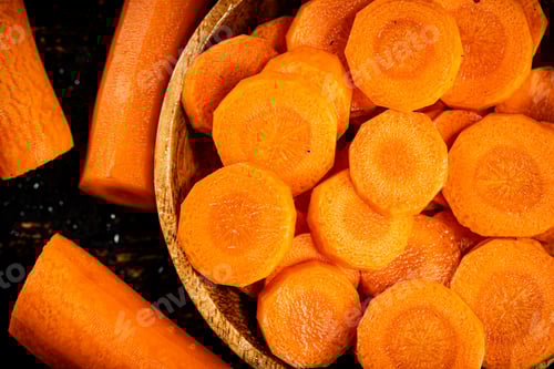 Preview: Fresh Sliced Carrots in a Wooden Bowl