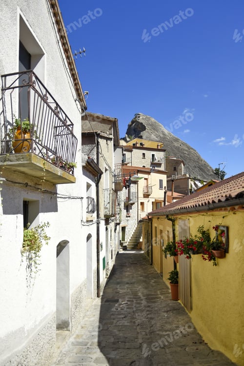 Preview: Vertical view of narrow streets and historical buildings in Basilicata region, Castelmezzano, Italy