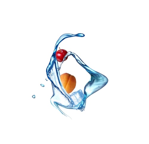 Preview: Peach and red plums in a spray of water and ice. Juicy peach with splash on a white background
