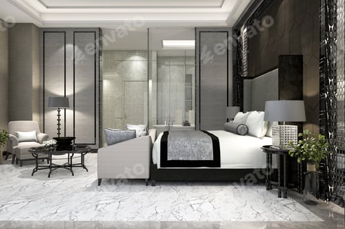 Preview: 3d rendering luxury suite bedroom in hotel near glass bathroom