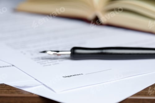 Preview: Notary documents and fountain pen on wooden table, selective focus