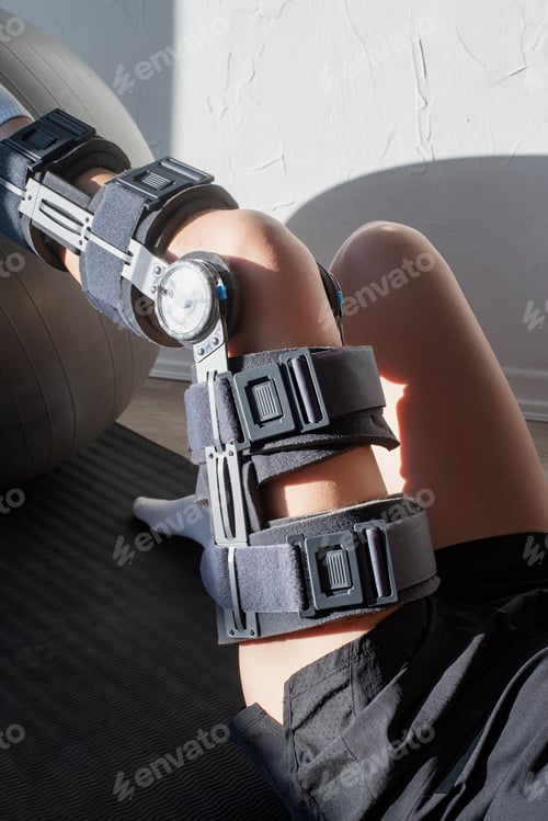 Preview: woman wearing orthosis doing sport exercises using fitness ball