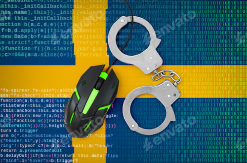 Preview: Sweden flag and handcuffed modern backlit computer mouse