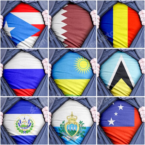 Preview: Collection of ripping shirts showing printed flags of different countries