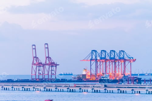 Preview: Industry landscape on sunset Engineering shipping crane depot at logistic export terminal