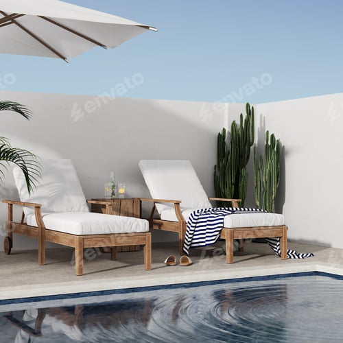 Preview: Modern terrace with swimming pool, lawn chairs, cactus and tile floor, white wall