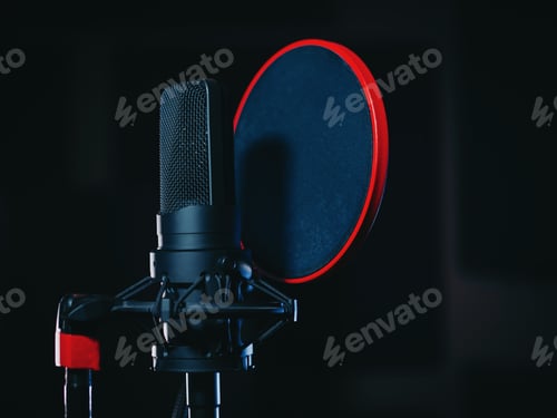 Preview: Microphone on black background in recording studio. Music, concert concept.