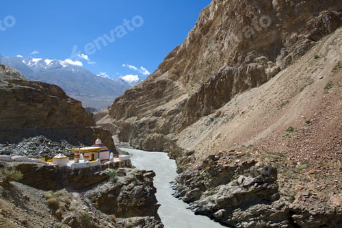 Preview: Temple next to Spiti River Valley, Himalayas, Himachal Pradesh, India
