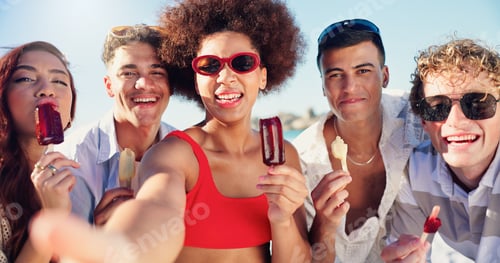 Preview: Group, ice cream and selfie with girl at beach in summer, bonding and portrait for diversity with p