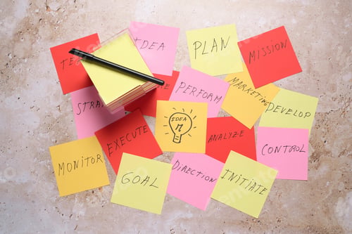 Preview: Sticky Notes and a Pen Organized for Planning and Brainstorming Ideas in an Office Setting