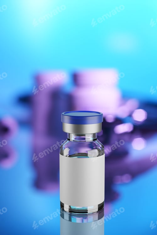Preview: Vaccine glass vials on blue background, 3d rendering illustration.