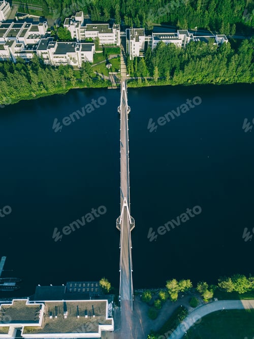 Preview: Aerial view of bridge over lake river to Campus area in Finland.