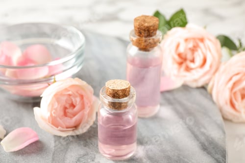 Preview: Bottles with rose essential oil and flowers on stone board