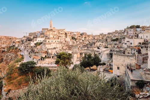 Preview: Sassi di Matera from the Belvedere Colombo (Church of Sant'Agostino), blue sky with clouds