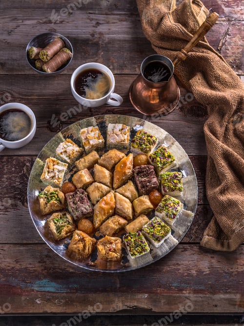 Preview: Traditional eastern sweets - baklava and delights with coffee