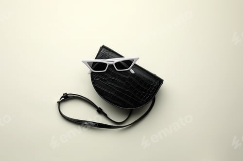 Preview: Stylish woman's bag and sunglasses on light background, top view